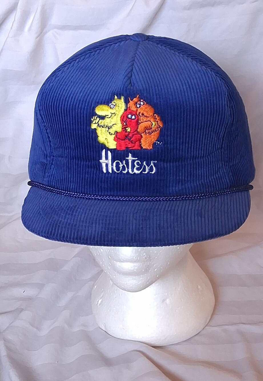 Vintage 1980s Canada Cap Hostess Munchies Blue Corduroy Trucker Hat Snapback Cap